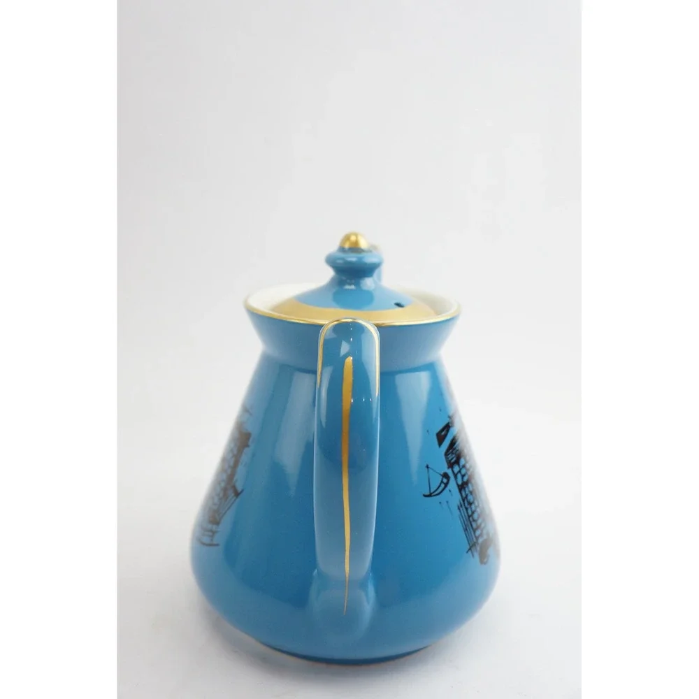 Hall Teapot Blue Gold Colonial‎ Fireplace Hearth 6 Cup Ceramic 0066 Good